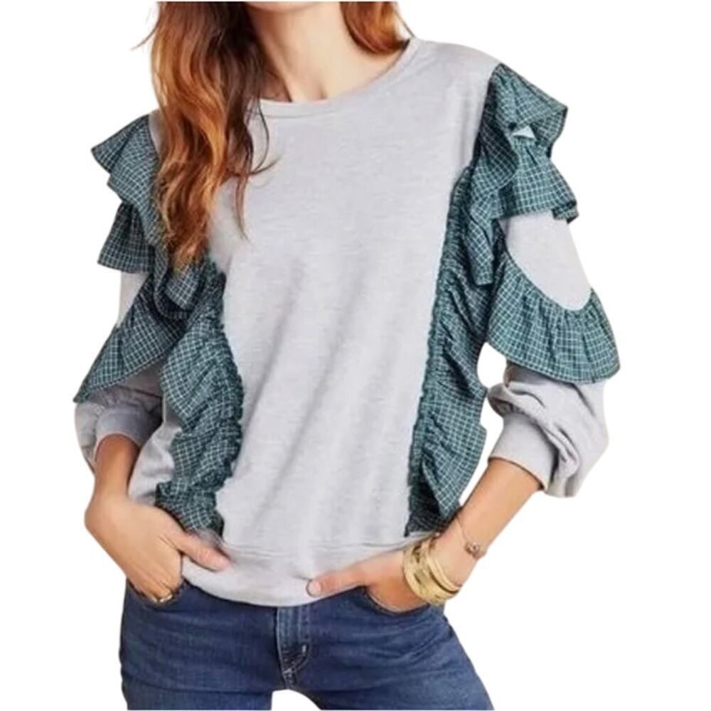 Nurode Gray Green Ruffled Long Sleeve Sweatshirt Size Medium